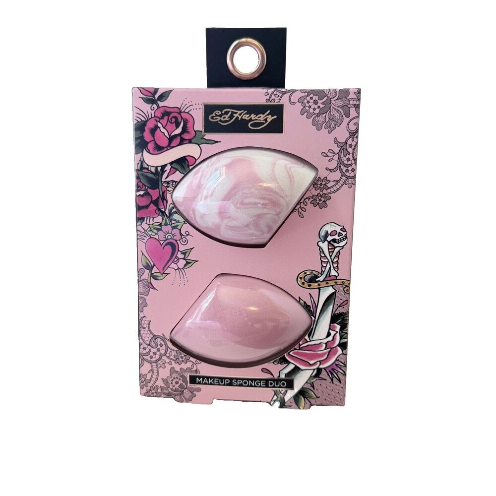 Ed Hardy Makeup Sponge Duo 2-Piece Pink Teardrop Reusable Standard Sponges New